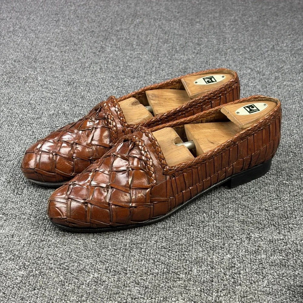 Moreschi Italy Woven Leather Loafers Mens 9.5 Brown Hand Braided Slip On Dress
